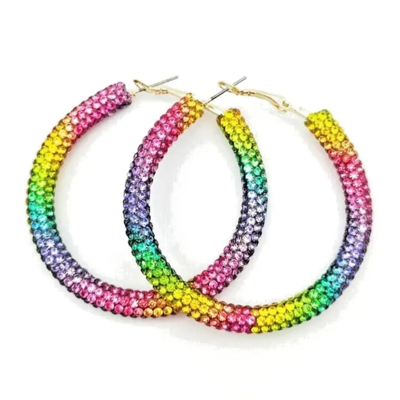 Hoop Earrings & Bracelet Set Pave Crystals Rainbow Iridescent - Picture 12 of 15